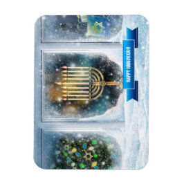 Imán Feliz Hanukkah. Escena de nieve con Menorah