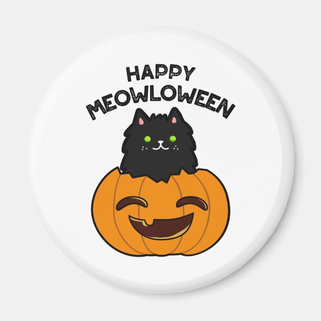 Imán Feliz Meowloween Funny Halloween Black Cat Pun (Frente)