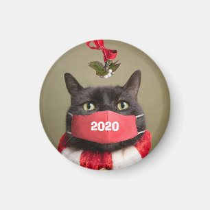 Imán Feliz Navidad 2020, gato en una máscara de cara f