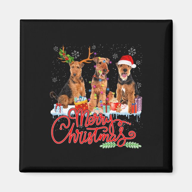 Imán Feliz Navidad Airedale Terrier Santa Reindeer Li (Frente)