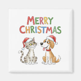 Imán Feliz Navidad al gato y al perro con sombreros de 