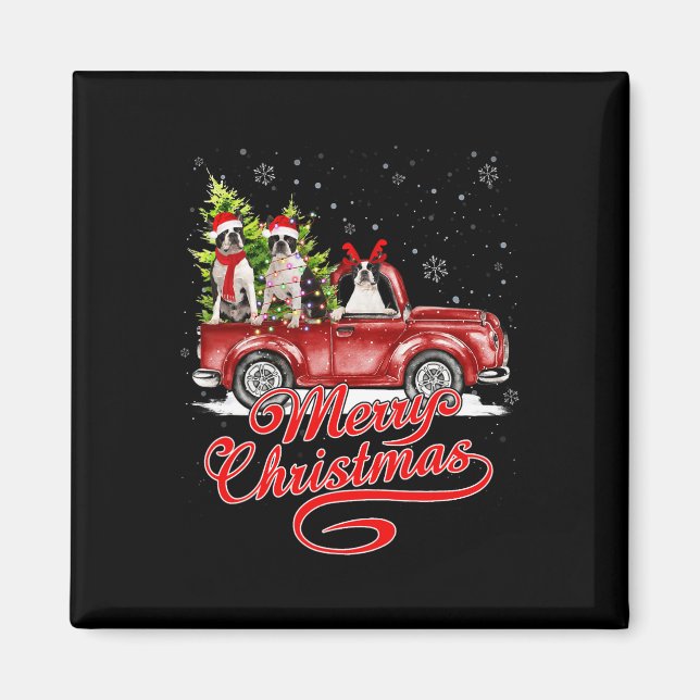 Imán Feliz Navidad Boston Terrier Perro Santa Reindeer (Frente)