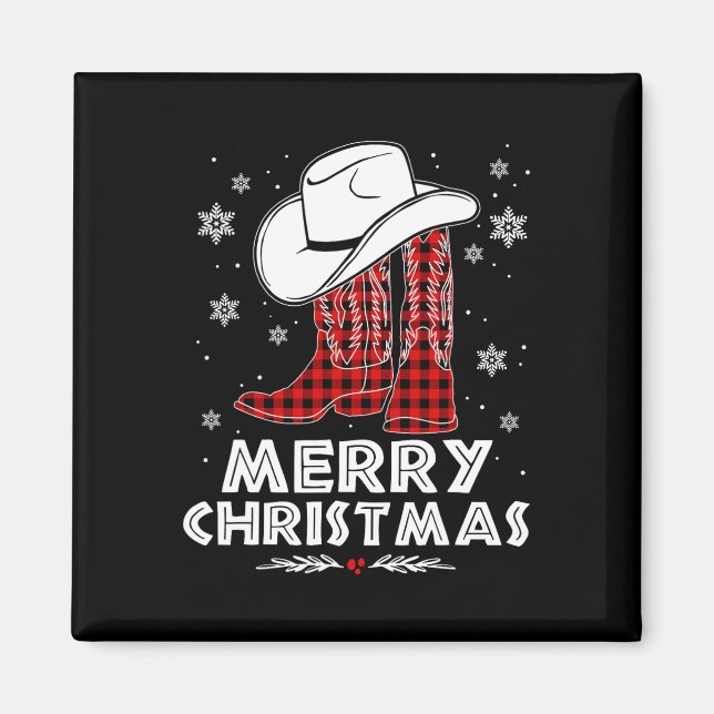 Imán Feliz Navidad Botas de Vaquero Rojas Cuadro Búfalo (Frente)