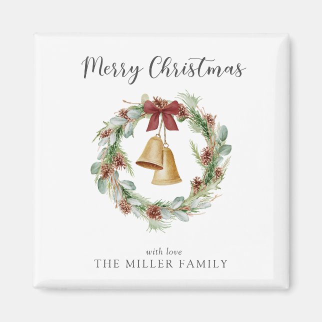 Imán Feliz Navidad Foliage Wreath con el cinturón dorad (Frente)