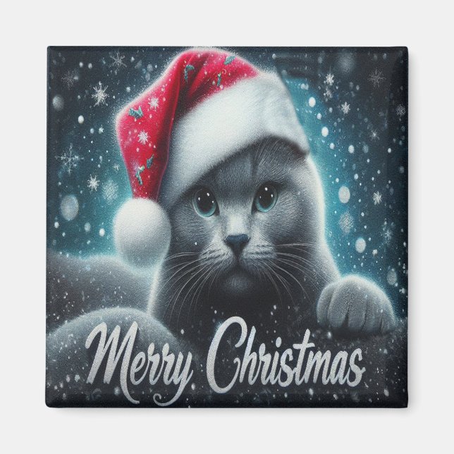 Imán Feliz Navidad Gato ruso azul, Navidad Gato Santa (Frente)