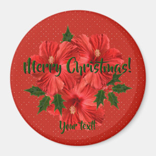 Imán Feliz Navidad Hibiscus Holly Navidad Rojo y Verde