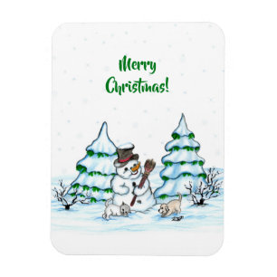 Imán ¡Feliz Navidad! Hombre de nieve con gato y cachorr