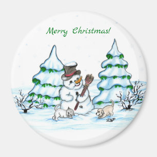 Imán ¡Feliz Navidad! Hombre de nieve con gato y cachorr