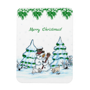 Imán ¡Feliz Navidad! Hombre de nieve con gato y cachorr