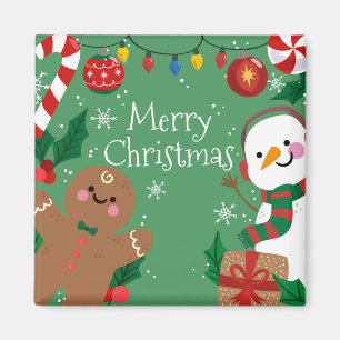 Imán feliz navidad hombre de nieve y pan de jengibre
