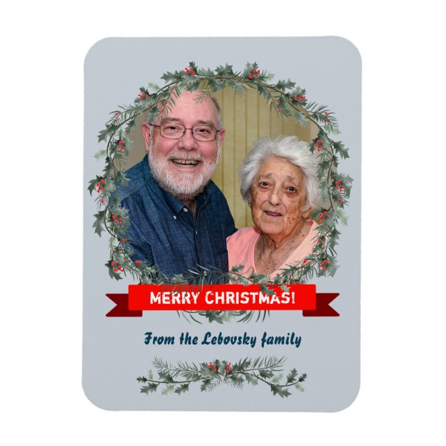 Imán Feliz Navidad mistletoe y corona de pino (Vertical)