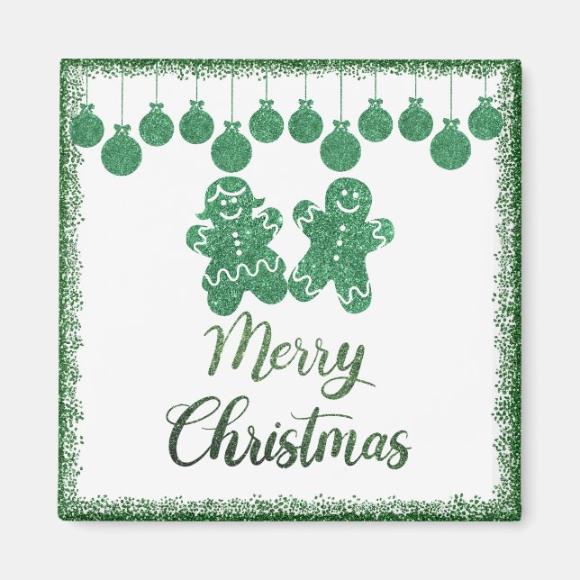 Imán Feliz navidad - ornamentos purpurinas verdes (Frente)