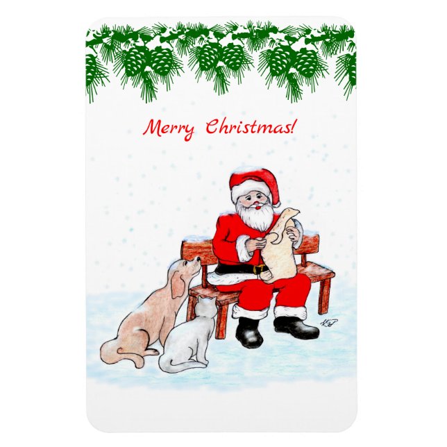 Imán Feliz Navidad - Papá Noel con gato y perro (Vertical)