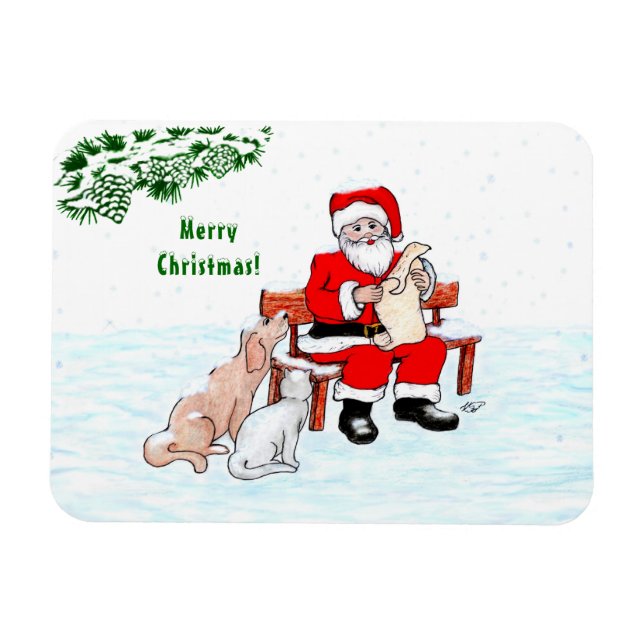Imán Feliz Navidad! Papá Noel con gato y perro (Horizontal)