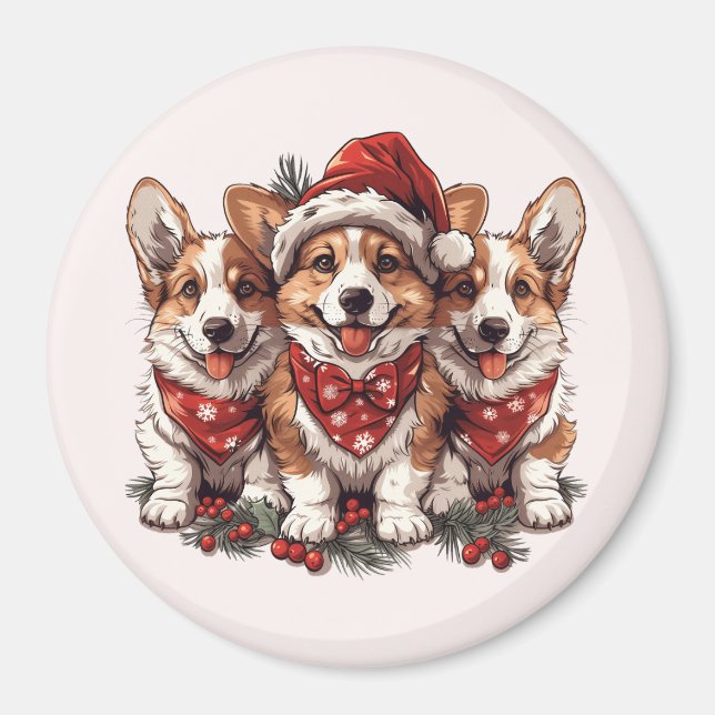 Imán Feliz Navidad Pembroke Corgi galés cachorros (Frente)