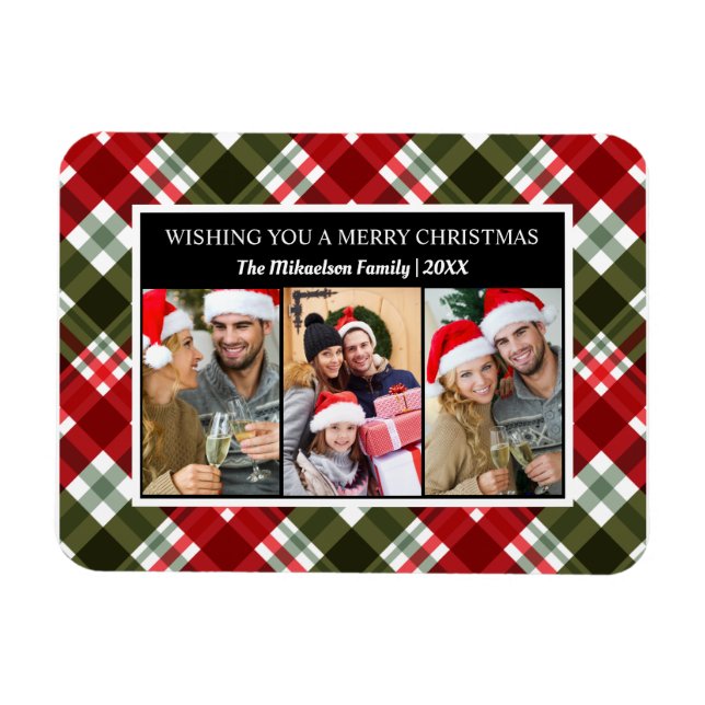 Imán Feliz Navidad Plaid Tartán Collage de fotos (Horizontal)