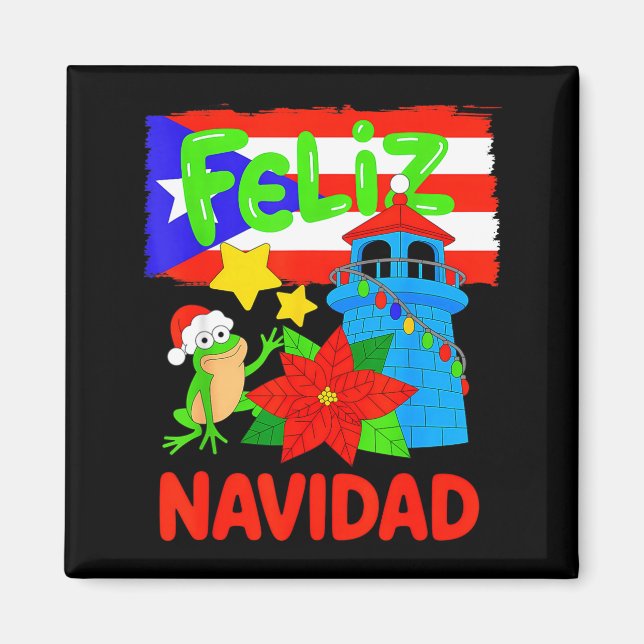 Imán Feliz Navidad Puerto Rico Flag Floral Frog Boricua (Frente)
