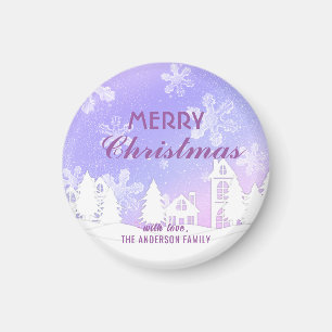 Imán Feliz Navidad Purple White House Copos de nieve