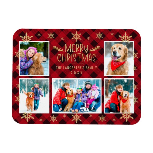 Imán Feliz Navidad Red Plaid Gold Snowflakes 5 Photo (Horizontal)
