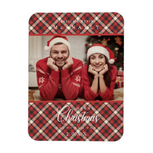 Imán Feliz Navidad Red Tartan Plaid Photo Family