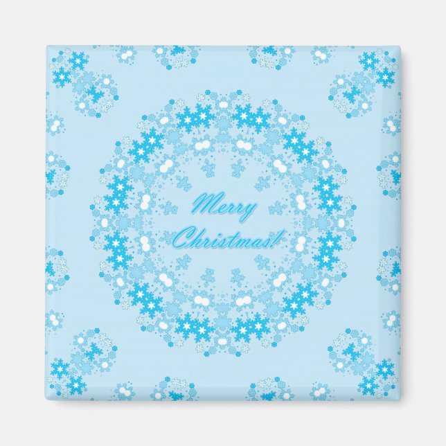 Imán Feliz Navidad redondo de nieve invierno blanco azu (Frente)