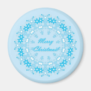 Imán Feliz Navidad redondo de nieve invierno blanco azu