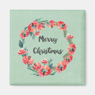Imán Feliz Navidad Rojo Floral Agua Wreath