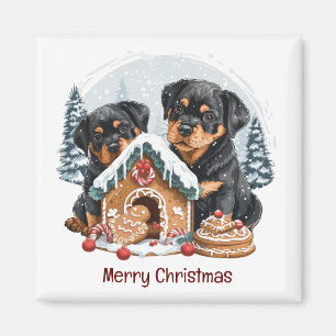 Imán Feliz Navidad Rottweiler Dogs Gingerbread House