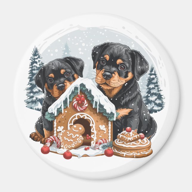 Imán Feliz Navidad Rottweiler Dogs Gingerbread House (Frente)