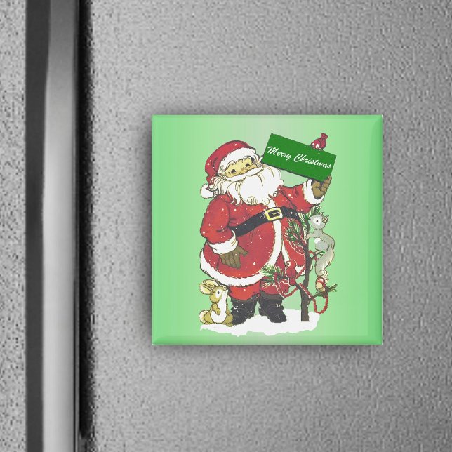 Imán Feliz Navidad Santa Tree Pequeños animales Nieve (Cute Santa Claus with little forest animals decorated tree on green merry Christmas square magnet.)