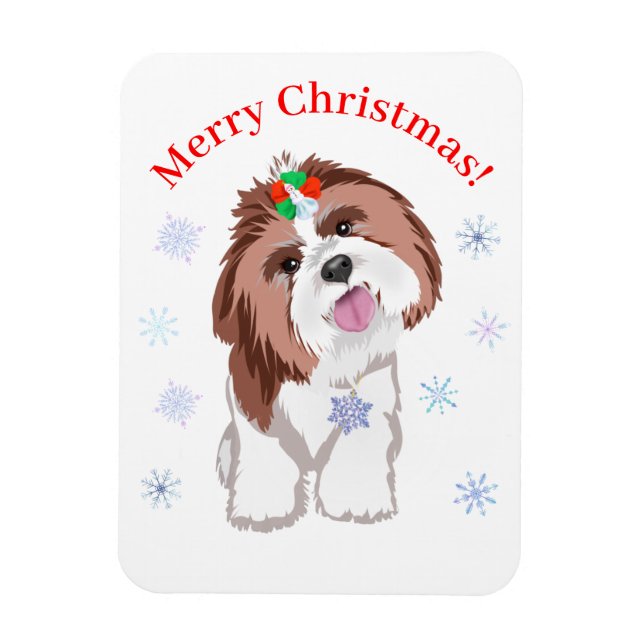 Imán Feliz Navidad Shih Tzu con copo de nieve perro  (Vertical)