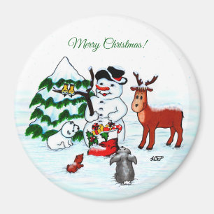Imán ¡Feliz Navidad! Snowman con sus amigos
