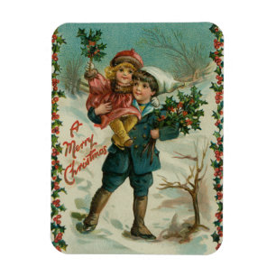 Imán Feliz Navidad - tarjeta postal retro, niños, acebo