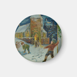 Imán Feliz Navidad - Tarjeta postal vintage de pelea de