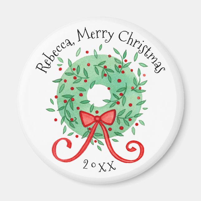 Imán Feliz Navidad Wreath Añadir nombre y año (Frente)