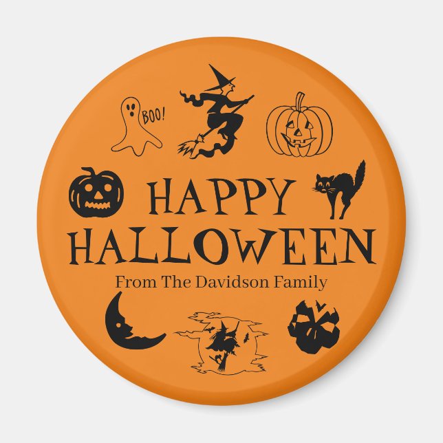 Imán Feliz nombre personalizado de Halloween negro y na (Frente)