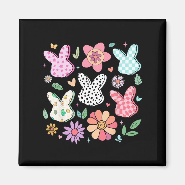 Imán Feliz Pascua Bunny Boho Floral Plaid Conejo Conejo (Frente)