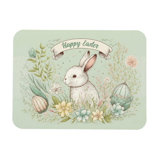 Imán Feliz Pascua Conejo Blanco con Flores de Primavera (Horizontal)