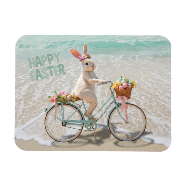 Imán Feliz Pascua de Florida Bicycle Bunny en la playa (Horizontal)