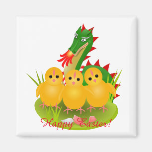 Imán Feliz Pascua de tres pollitos y el Dragón de Mons