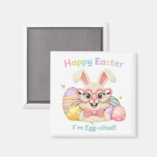Imán Feliz Pascua Estoy Emocionado Conejo  (Anverso/Reverso)