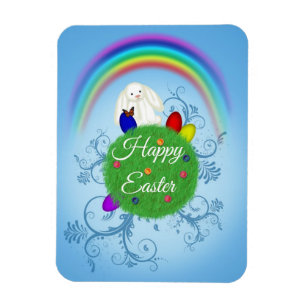 Imán Feliz Pascua Planeta Colorido y Conejito de Arcoír