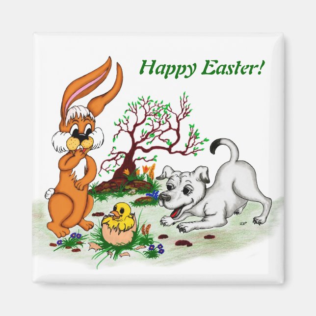 Imán ¡Feliz Pascua! Welpe, Küken, Hase (Frente)