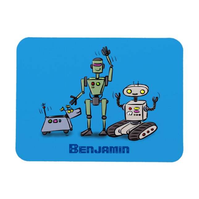 Imán Feliz personalizado de trío de robots lindos (Horizontal)