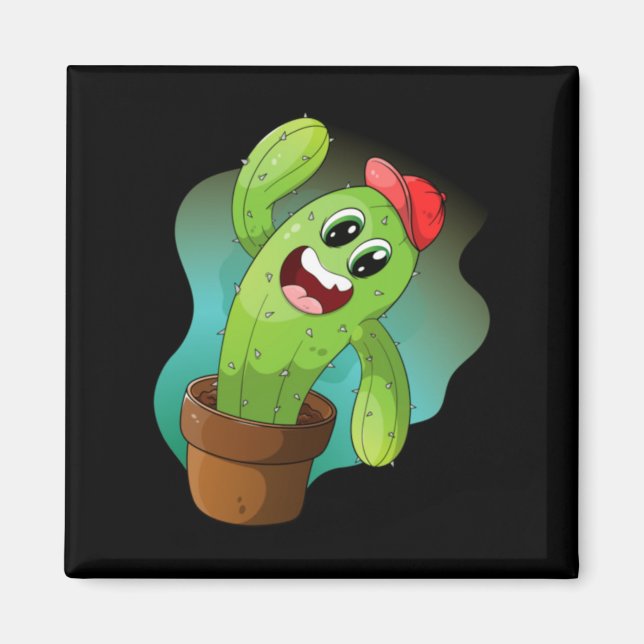 Imán Feliz planta de cactus de dibujos animados (Frente)