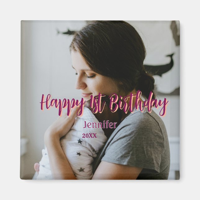 Imán Feliz primer cumpleaños niños bebé madre naranja r (Frente)