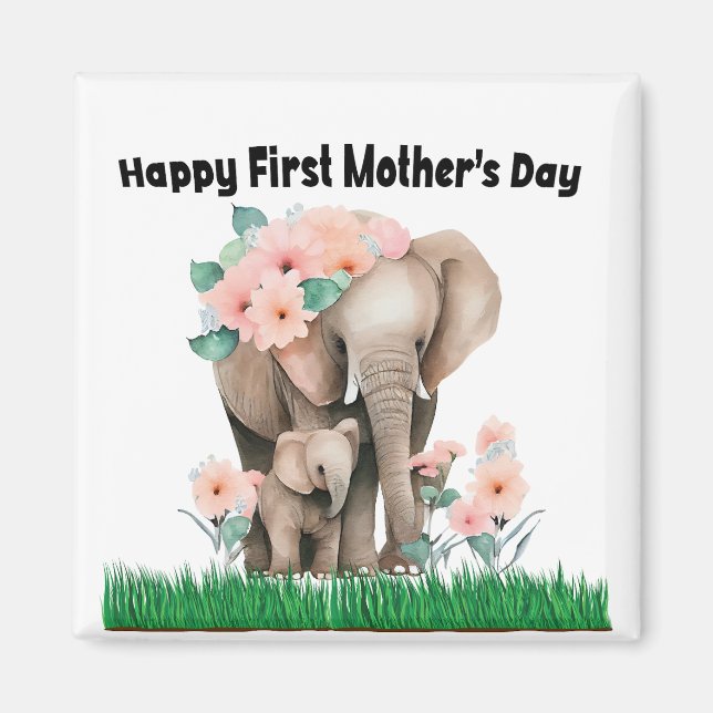 Imán feliz primer día de madre lindo elefante (Frente)