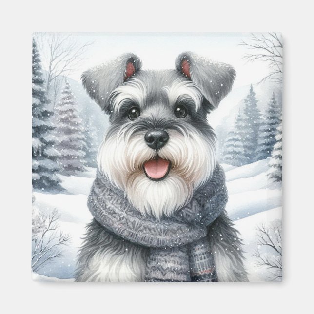 Imán Feliz Schnauzer en un escarpado arte invernal (Frente)