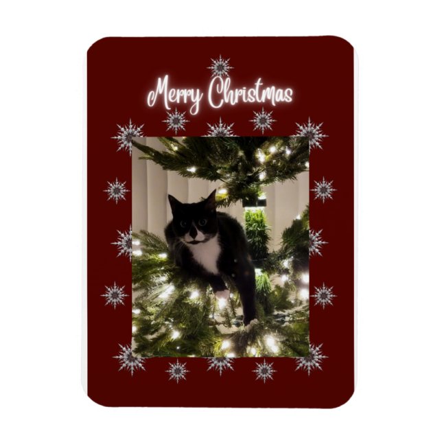 Imán Feliz tarjeta navideña con un gato de Tuxedo en mi (Vertical)