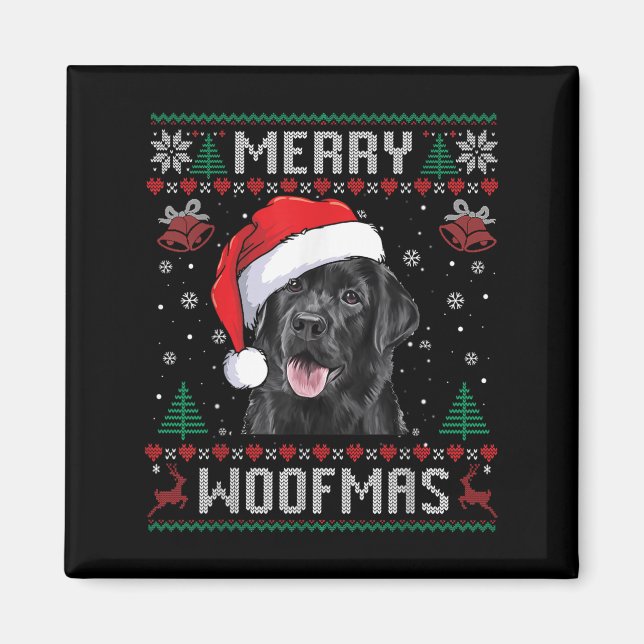 Imán Feliz Woofmas Suéter Feo Labrador Negro Navidad (Frente)